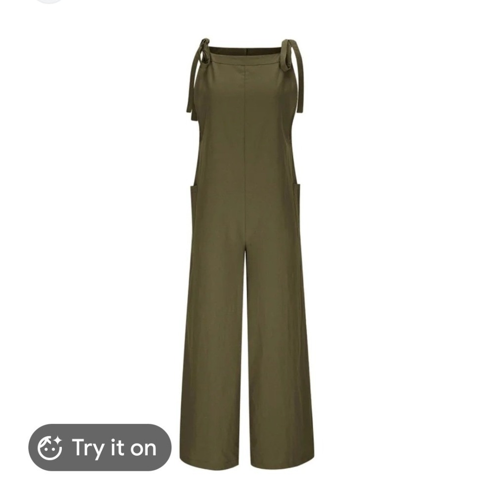 Live To Be Spoiled Olive Green Wide Leg Tie Strap Jumpsuit XS Pocketed Jersey